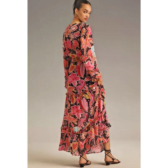 Farm Rio x Anthropologie Pink Tropical Floral Maxi Dress Long Sleeve XS - Picture 2 of 10
